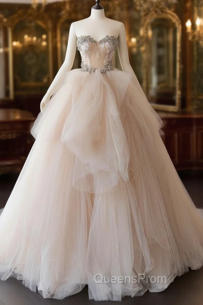 Champagne Sweetheart Neck Tulle Lace Long Tulle Wedding Dress Main image
