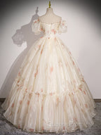 Champagne Sweetheart Neck Tulle Long Evening Prom Dress, Champagne Evening Dress
