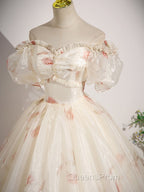 Champagne Sweetheart Neck Tulle Long Evening Prom Dress, Champagne Evening Dress