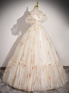 Champagne Sweetheart Neck Tulle Long Evening Prom Dress, Champagne Evening Dress