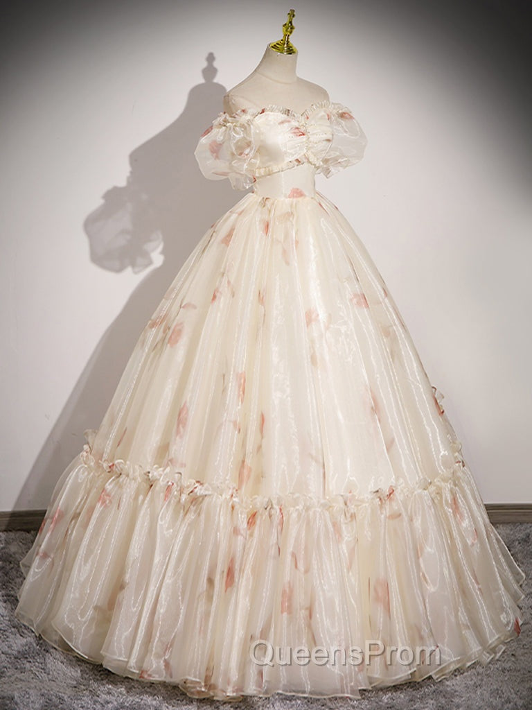 Champagne Sweetheart Neck Tulle Long Evening Prom Dress, Champagne Evening Dress