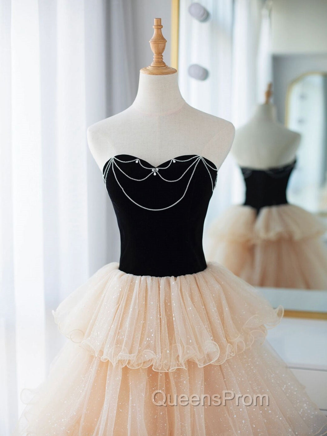 Champagne Sweetheart Neck Tulle Long Evening Prom Dress, Champagne Evening Dress Secondary image