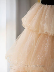 Champagne Sweetheart Neck Tulle Long Evening Prom Dress, Champagne Evening Dress