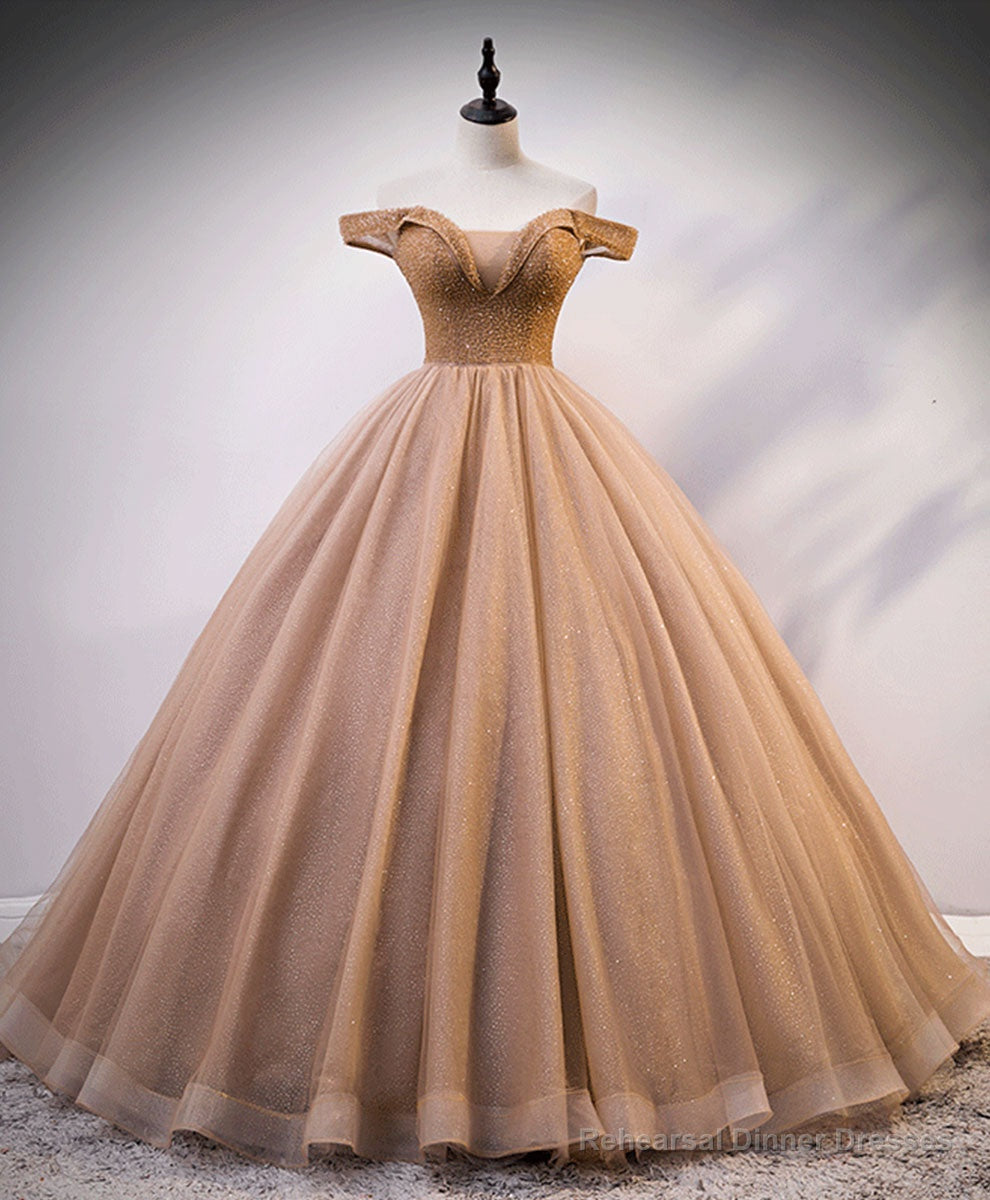 Champagne Sweetheart Off Shoulder Tulle Sequin Long Prom Dresses Main image