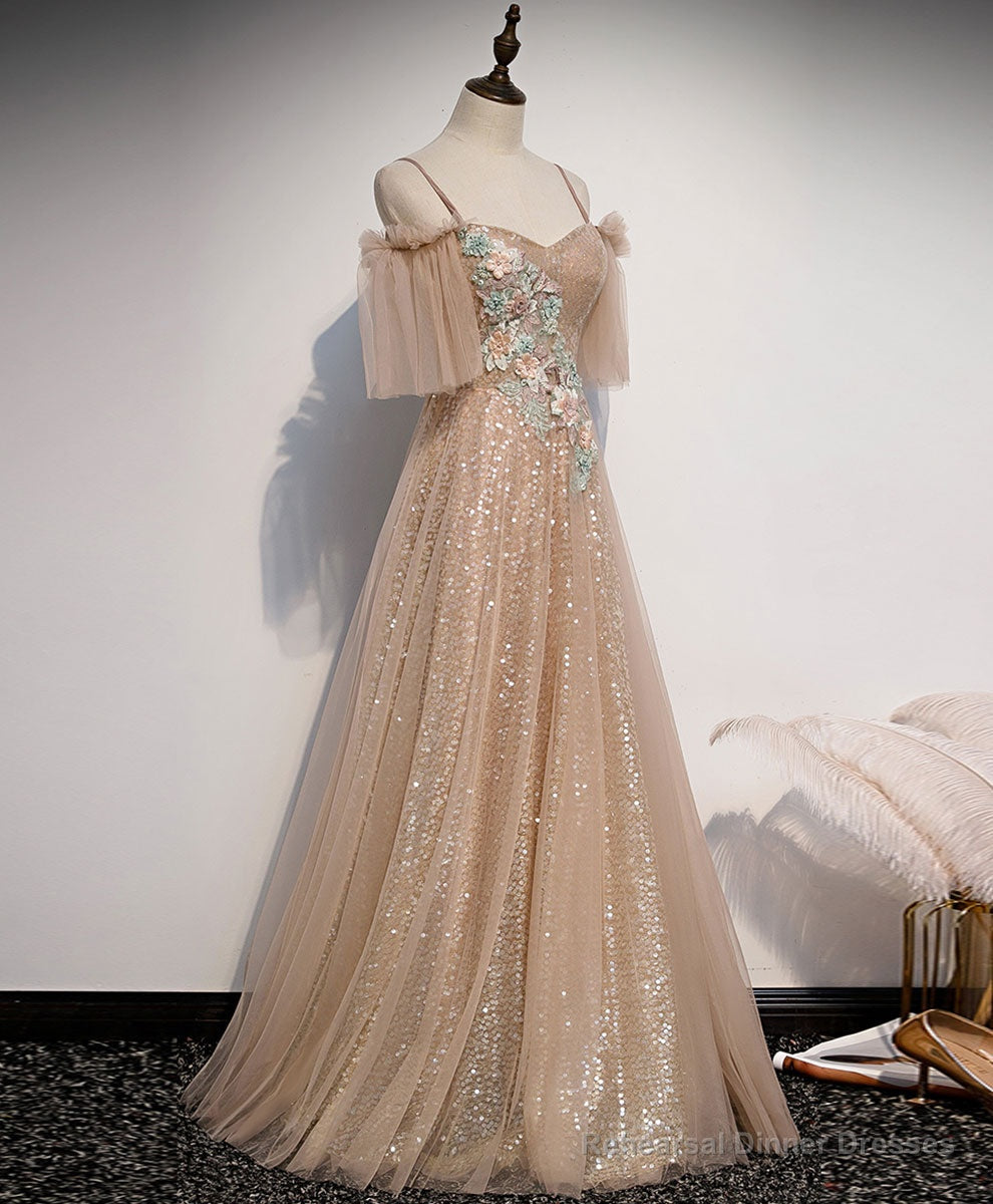 Champagne Sweetheart Tulle Lace Long Prom Dress Tulle Formal Dress Main image