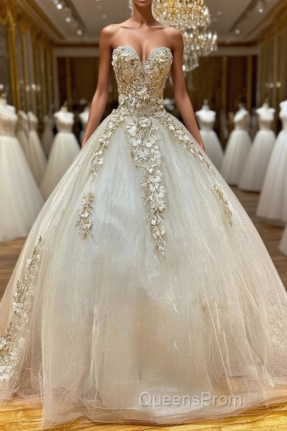 Champagne sweetheart tulle lace long Evening Prom gown, tulle formal gown Main image
