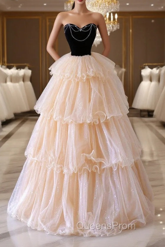 Champagne Sweetheart Tulle Layers Long Party Dress, Strapless A-Line Evening Prom Dress Main image