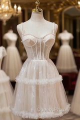 Champagne Tille Spaghetti Straps Pearls Homecoming Dress