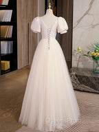 Champagne Tulle A Line Long Evening Prom Dress, Champagne Evening Graduation Dress