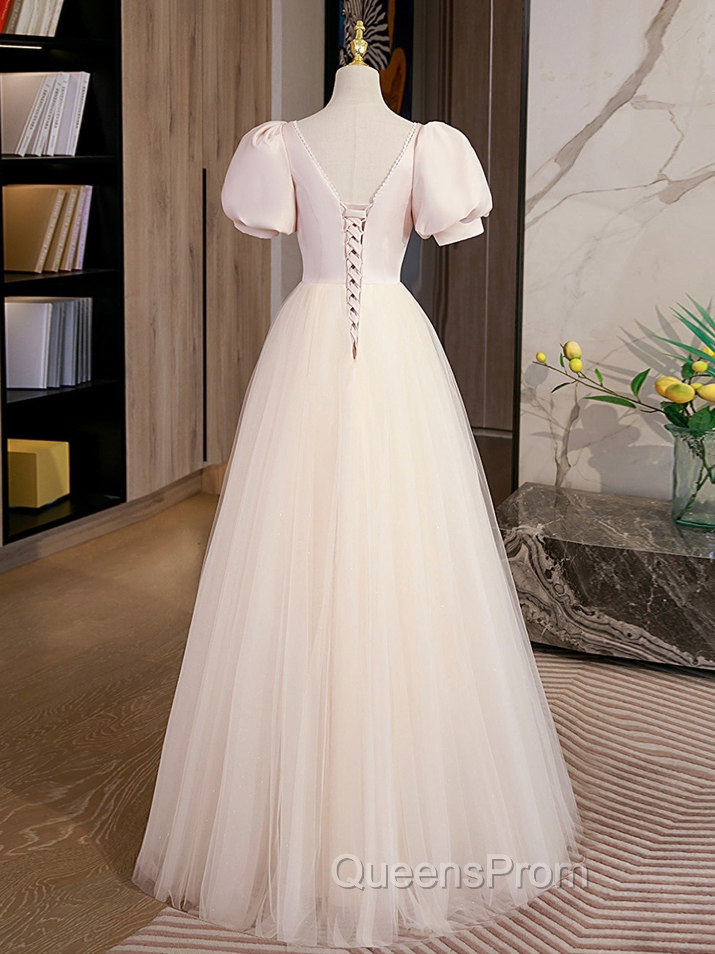 Champagne Tulle A Line Long Evening Prom Dress, Champagne Evening Graduation Dress