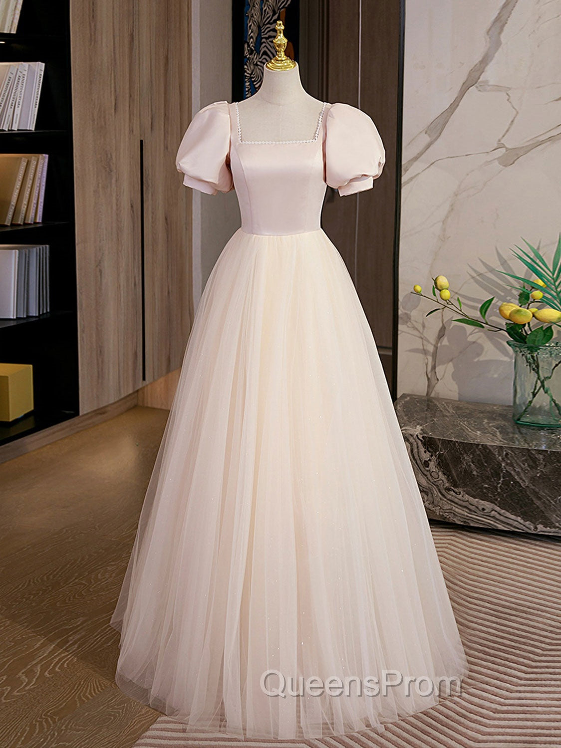 Champagne Tulle A Line Long Evening Prom Dress, Champagne Evening Graduation Dress Main image