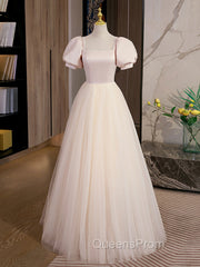 Champagne Tulle A Line Long Evening Prom Dress, Champagne Evening Graduation Dress