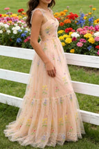 Champagne Tulle A Line Spaghetti Straps Ruched Long Prom Dress with Embroidery