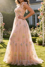 Champagne Tulle A Line Spaghetti Straps Ruched Long Prom Dress with Embroidery