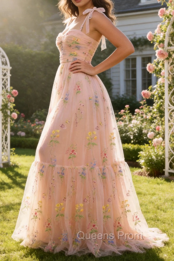 Champagne Tulle A Line Spaghetti Straps Ruched Long Prom Dress with Embroidery