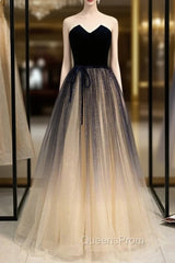 Champagne Tulle And Navy Blue Velvet Strapless Evening Prom Dress