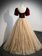 Champagne Tulle and Velvet Long Party Dress, Short Sleeves Evening Prom Dress