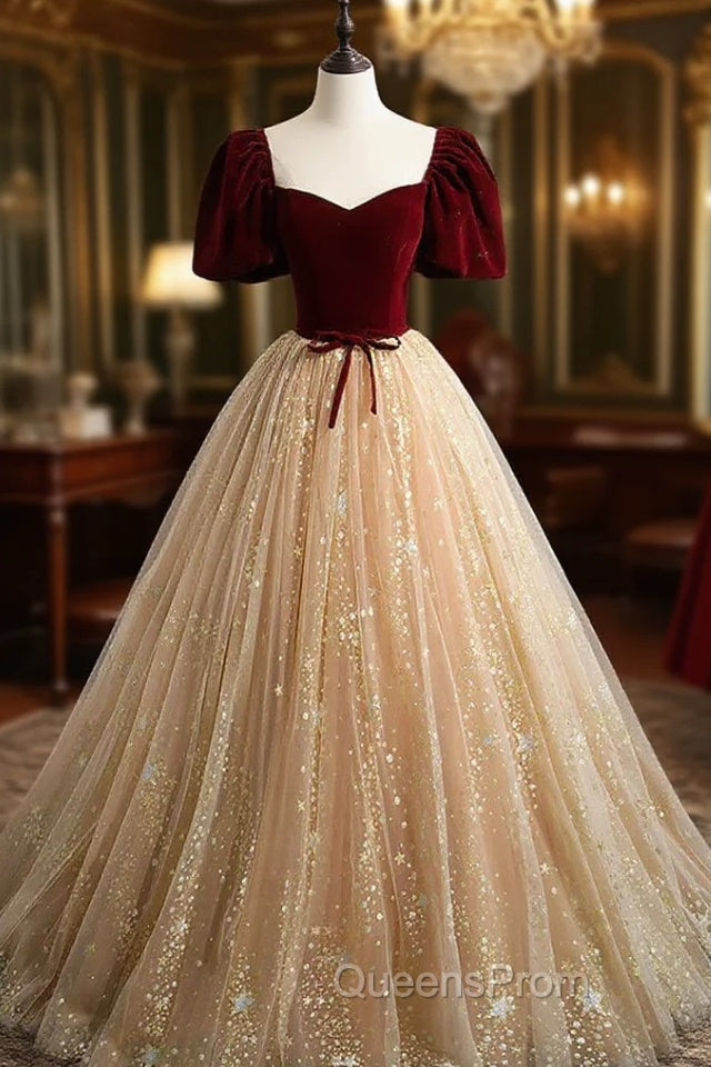Champagne Tulle and Velvet Long Party Dress, Short Sleeves Evening Prom Dress Main image