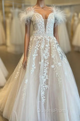 Champagne Tulle Appliques Feather Evening Prom Dress