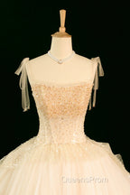 Champagne Tulle Beaded Long Evening Prom Dress, A-Line Evening Party Dress