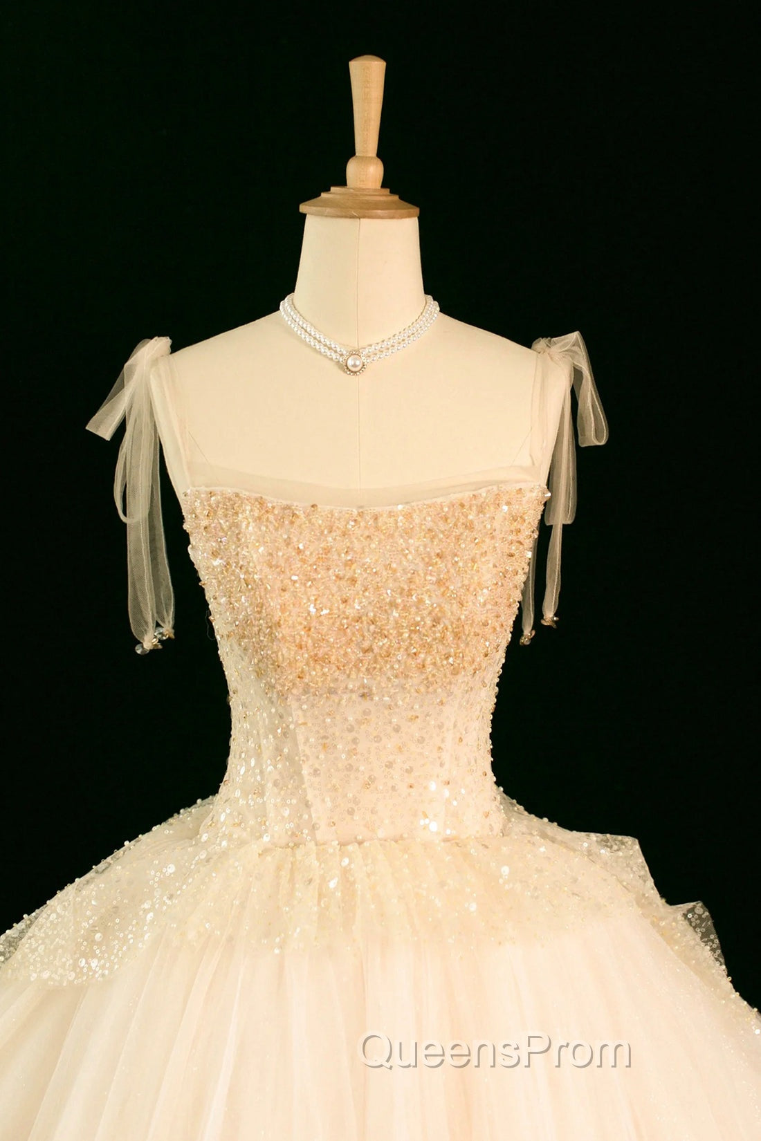 Champagne Tulle Beaded Long Evening Prom Dress, A-Line Evening Party Dress