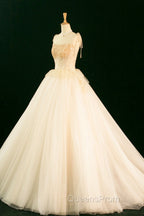 Champagne Tulle Beaded Long Evening Prom Dress, A-Line Evening Party Dress