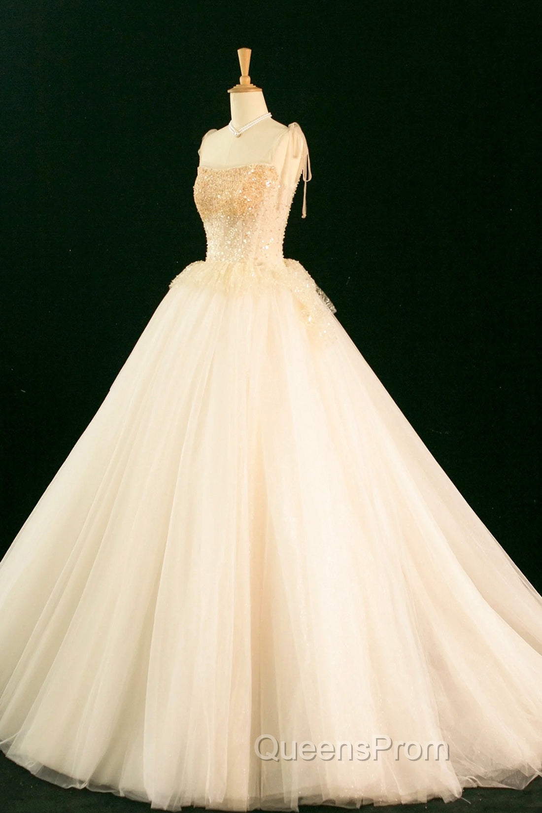 Champagne Tulle Beaded Long Evening Prom Dress, A-Line Evening Party Dress