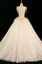 Champagne Tulle Beaded Long Evening Prom Dress, A-Line Evening Party Dress