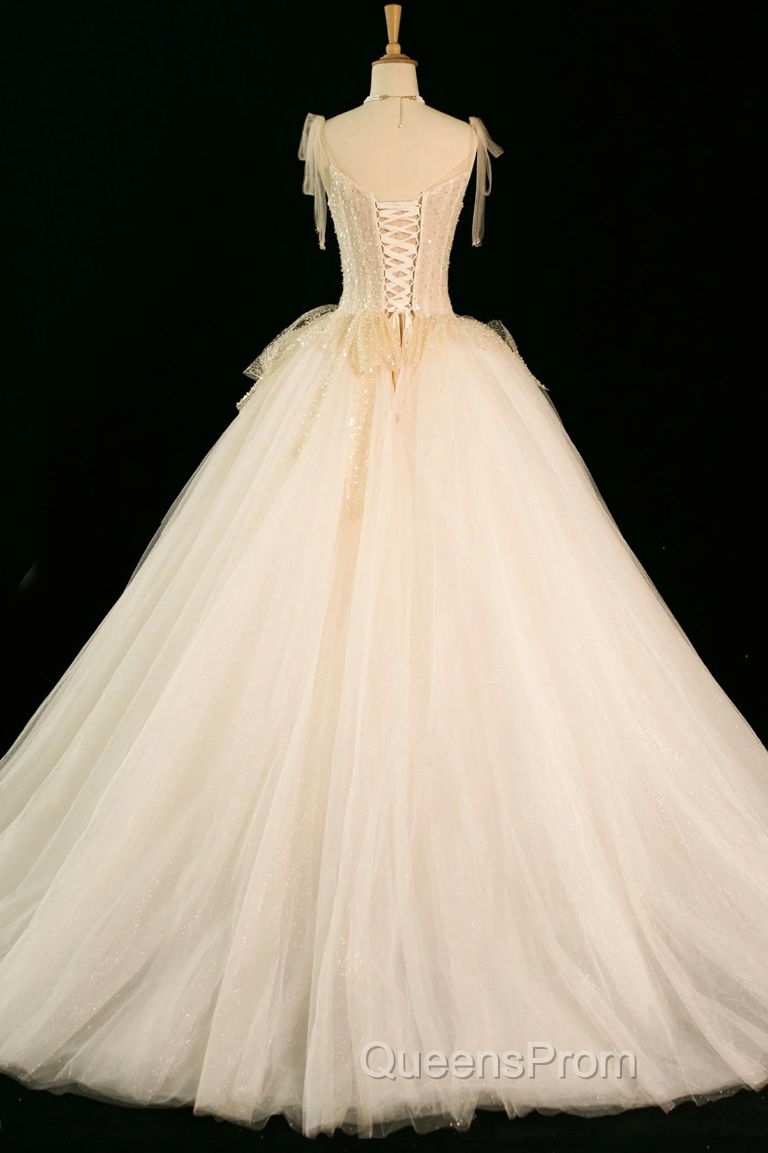 Champagne Tulle Beaded Long Evening Prom Dress, A-Line Evening Party Dress