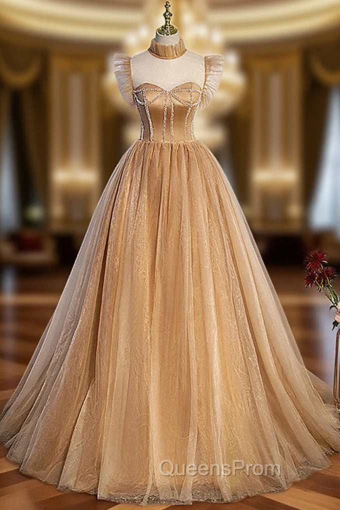 Champagne Tulle Beaded Long Sweet 16 Evening Dress, Champagne Party Dress Main image