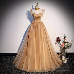 Champagne Tulle Beaded Long Sweet 16 Formal Dresses, Champagne Party Dresses