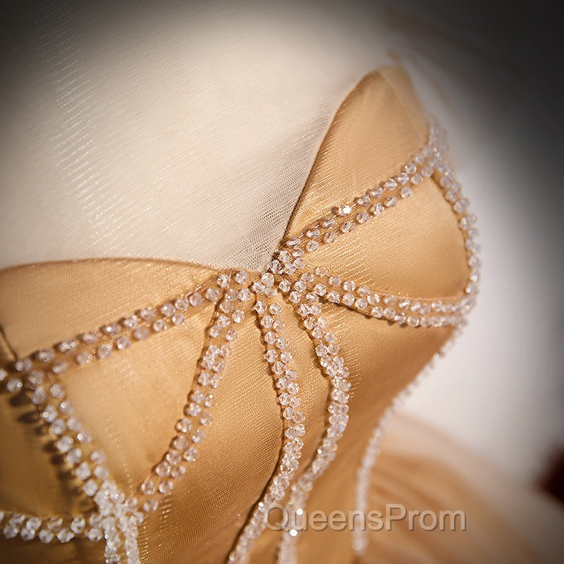 Champagne Tulle Beaded Long Sweet 16 Evening Dress, Champagne Party Dress