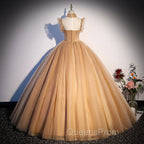Champagne Tulle Beaded Long Sweet 16 Evening Dress, Champagne Party Dress