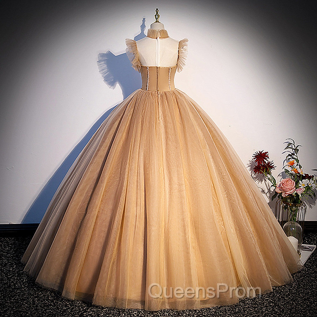 Champagne Tulle Beaded Long Sweet 16 Evening Dress, Champagne Party Dress
