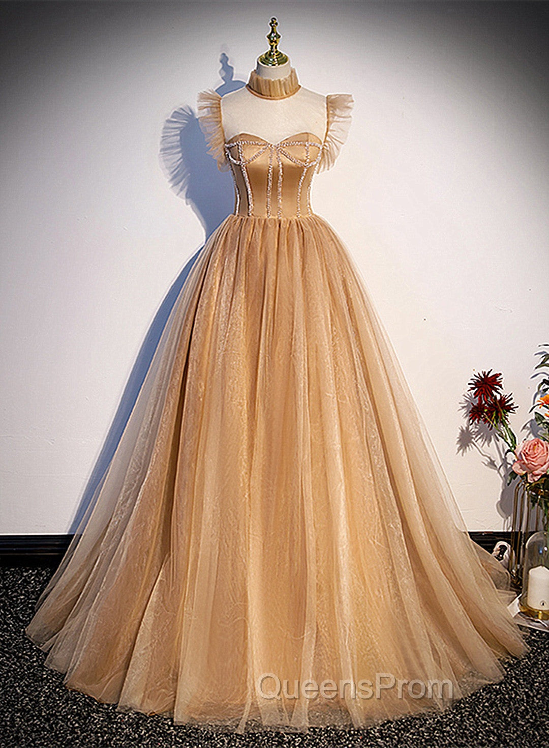 Champagne Tulle Beaded Long Sweet 16 Evening Dress, Champagne Party Dress