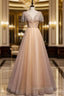 Champagne Tulle Beading V-neck Evening Prom Dress
