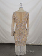 Champagne Tulle Beads Mermaid Short Evening Prom Dress, Champagne Evening Dress