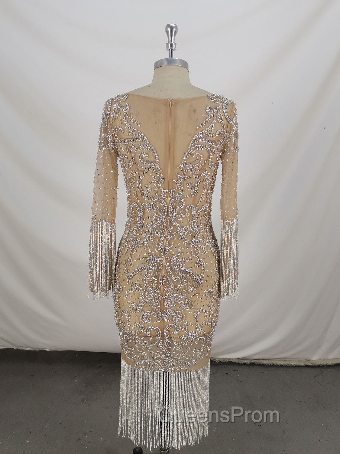Champagne Tulle Beads Mermaid Short Evening Prom Dress, Champagne Evening Dress