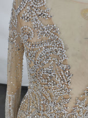 Champagne Tulle Beads Mermaid Short Evening Prom Dress, Champagne Evening Dress