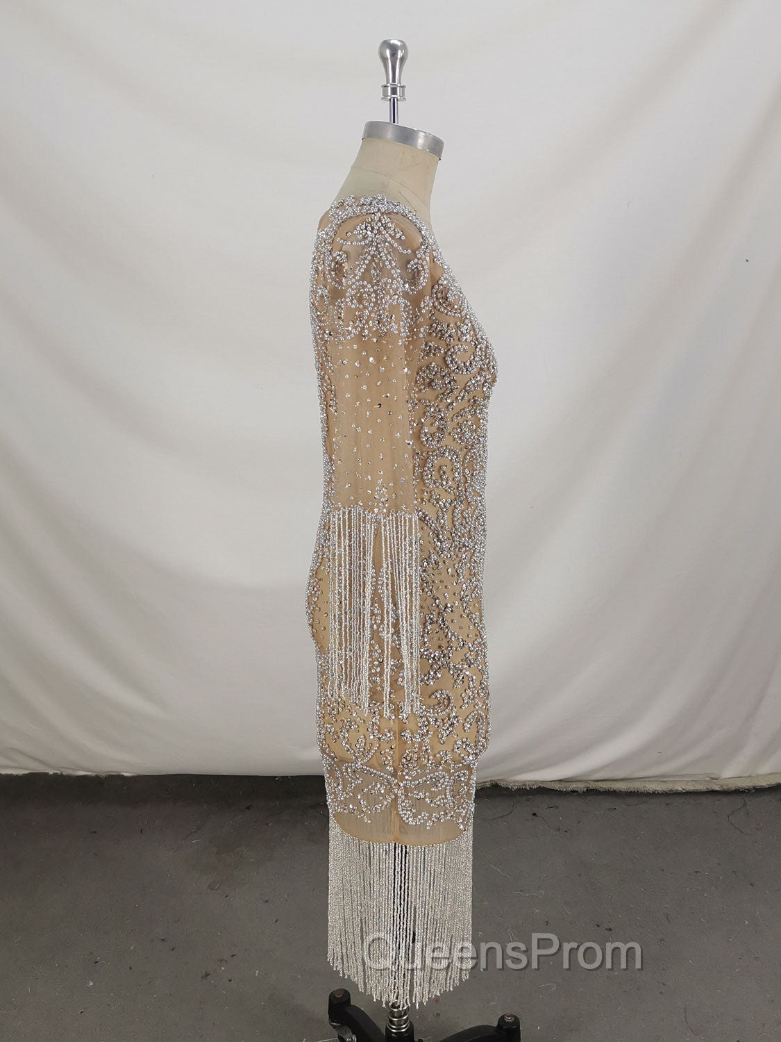 Champagne Tulle Beads Mermaid Short Evening Prom Dress, Champagne Evening Dress