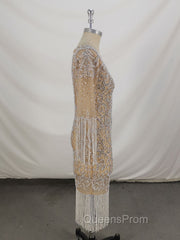 Champagne Tulle Beads Mermaid Short Evening Prom Dress, Champagne Evening Dress