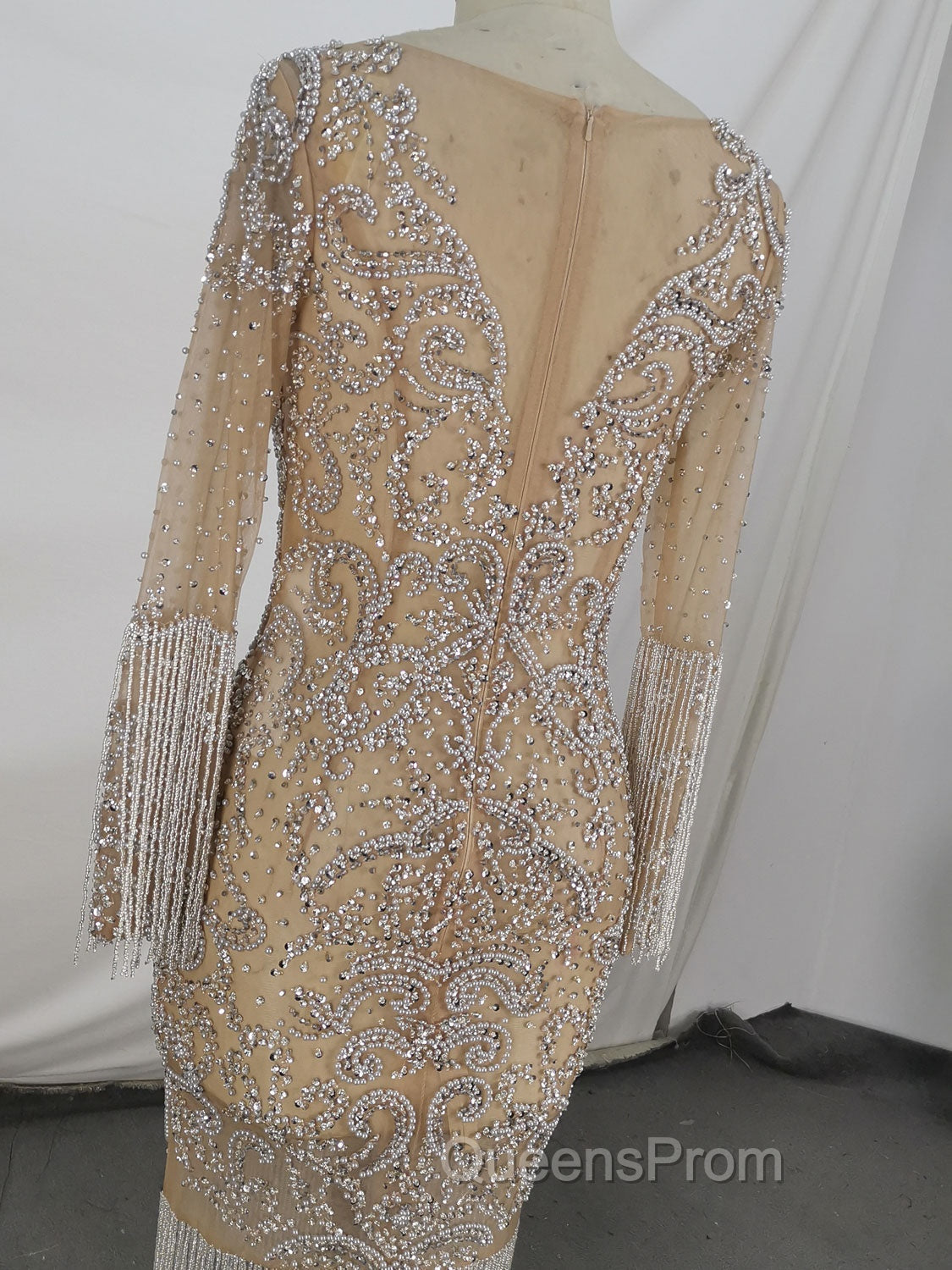 Champagne Tulle Beads Mermaid Short Evening Prom Dress, Champagne Evening Dress