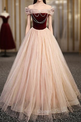 Champagne Tulle Burgundy Velvet Off the Shoulder Evening Prom Dress