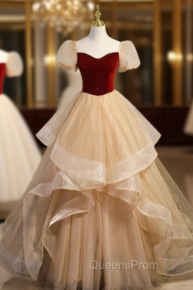 Champagne Tulle Burgundy Velvet Evening Prom Dress