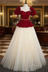 Champagne Tulle Burgundy Velvet Puff Sleeve Beading Evening Prom Dress