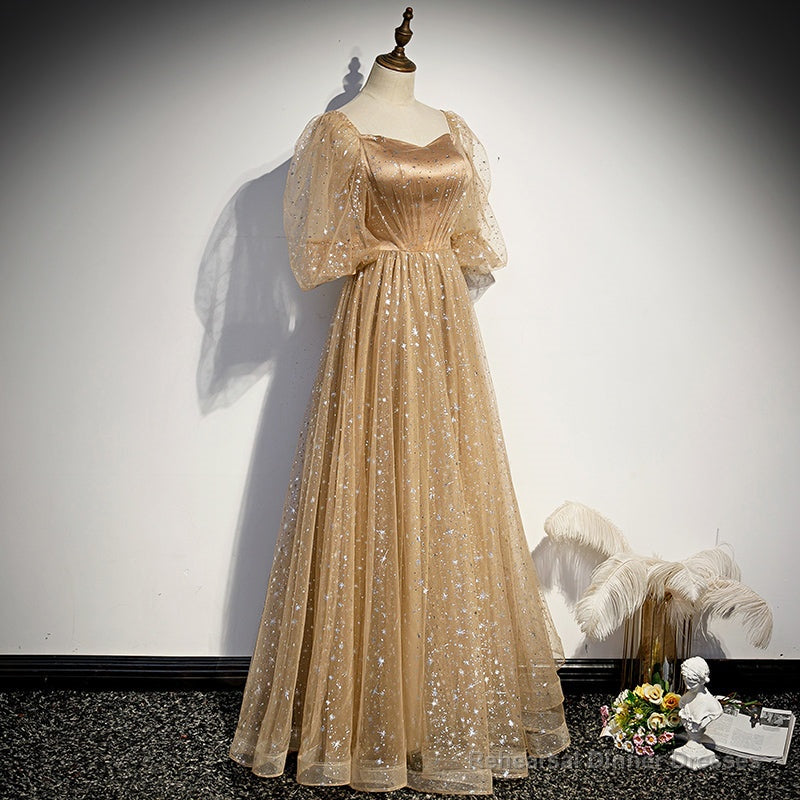 Champagne Tulle Chich Long Puffy Sleeves Party Dress Formal Dress, A-line Tulle Prom Dress Secondary image