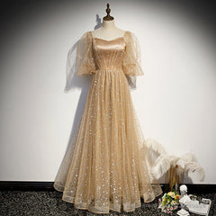 Champagne Tulle Chich Long Puffy Sleeves Party Dress Formal Dress, A-line Tulle Prom Dress