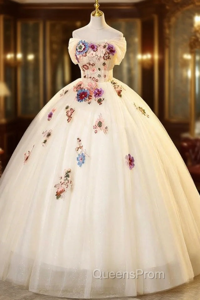 Champagne Tulle Colorful Flower Quinceanera Dress