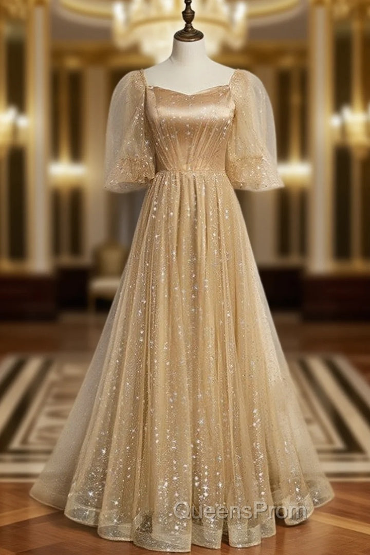 Champagne Tulle Embroidery Puff Sleeve Evening Prom Dress