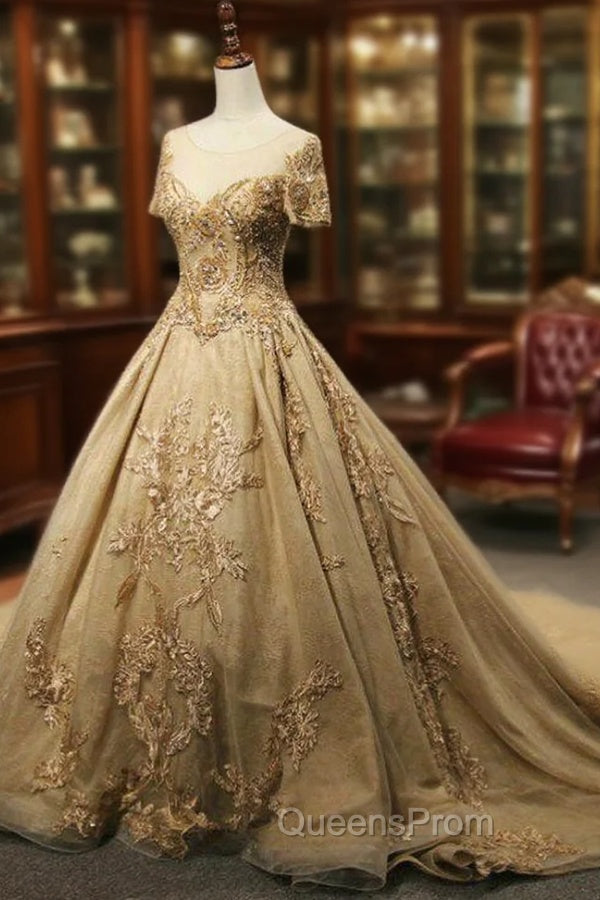 Champagne Tulle Embroidery Short Sleeve Backless Haute Couture Wedding Dress